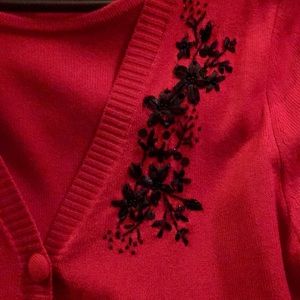 Sweater Red  with black flowered embroidery Small